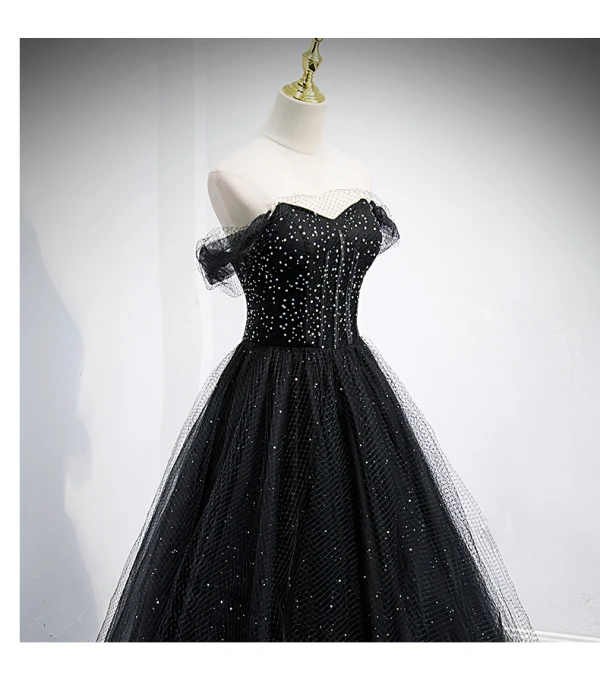 Charmant Noire Paillettes Robe De Bal 2021 Princesse De l'épaule Manches Courtes Dos Nu Longue Promo Robe De Ceremonie