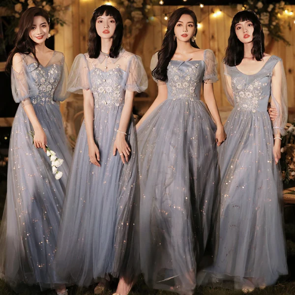 Fashion Sky Blue Beading Sequins Bridesmaid Dresses 2021 A-Line / Princess Pearl Rhinestone Short Sleeve Backless Floor-Length / Long Wedding Party Dresses
