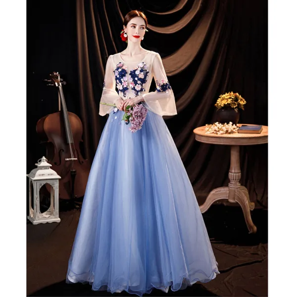 Flower Fairy Sky Blue Pearl Lace Flower Appliques Prom Dresses 2021 A-Line / Princess U-Neck Bell sleeves Backless Floor-Length / Long Formal Dresses