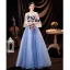 Flower Fairy Sky Blue Pearl Lace Flower Appliques Prom Dresses 2021 A-Line / Princess U-Neck Bell sleeves Backless Floor-Length / Long Formal Dresses