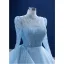 High-end Pool Blue Beading Sequins Prom Dresses 2021 A-Line / Princess High Neck Long Sleeve Sweep Train Formal Dresses