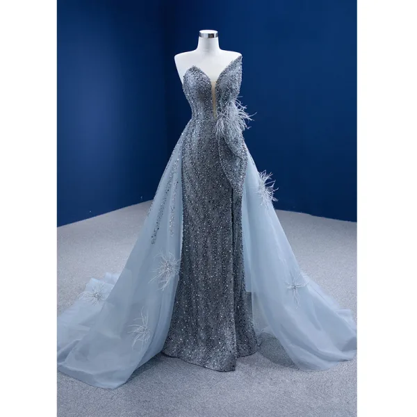 Sexy Gris Robe De Soirée 2021 Trompette / Sirène Bustier Perlage Perle Paillettes Gland Sans Manches Dos Nu Fendue devant Tribunal Train Soirée Robe De Ceremonie