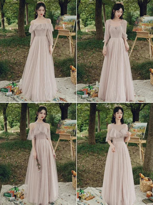 Modest / Simple Dusky Pink Sequins Bridesmaid Dresses 2021 A-Line / Princess Short Sleeve Backless Floor-Length / Long Wedding Party Dresses
