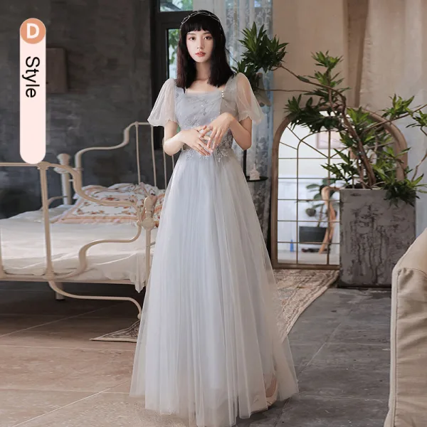 Chic / Beautiful Grey Pearl Lace Flower Bridesmaid Dresses 2021 A-Line / Princess Short Sleeve Backless Floor-Length / Long Bridesmaid Wedding Party Dresses