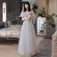 Chic / Beautiful Grey Pearl Lace Flower Bridesmaid Dresses 2021 A-Line / Princess Short Sleeve Backless Floor-Length / Long Bridesmaid Wedding Party Dresses