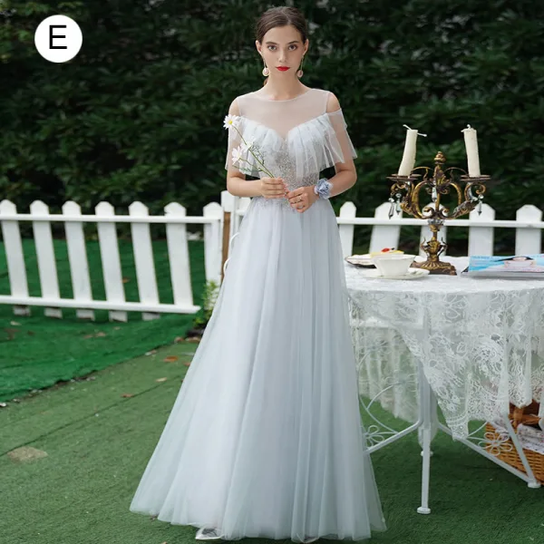 Charming Khaki Beading Sequins Backless Lace Flower Bridesmaid Dresses 2021 A-Line / Princess Short Sleeve Floor-Length / Long Bridesmaid Wedding Party Dresses