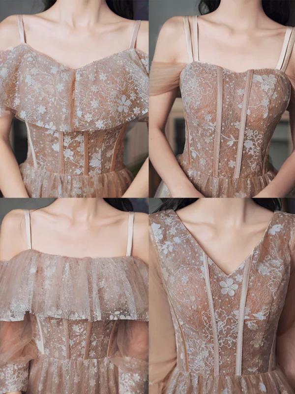 Chic / Beautiful Champagne Glitter Bridesmaid Dresses 2021 A-Line / Princess Short Sleeve Lace Flower Backless Floor-Length / Long Bridesmaid Wedding Party Dresses
