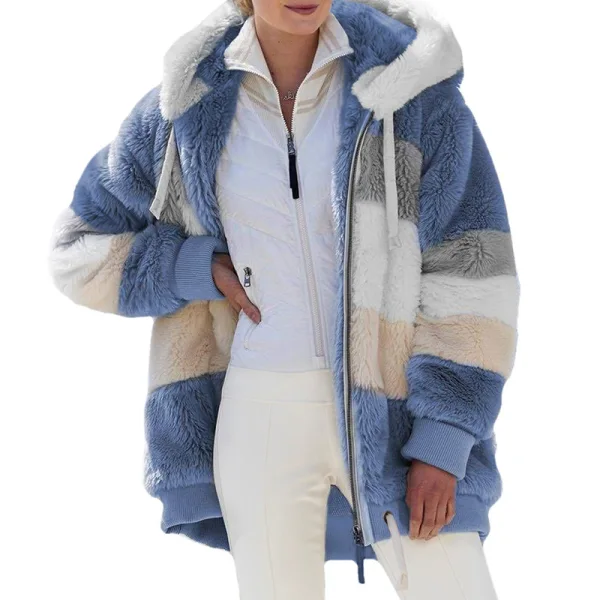 Fashion Fall Winter Street Wear Khaki Patchwork Plush Hooded Coats & Jackets 2021 Long Sleeve Women Tops