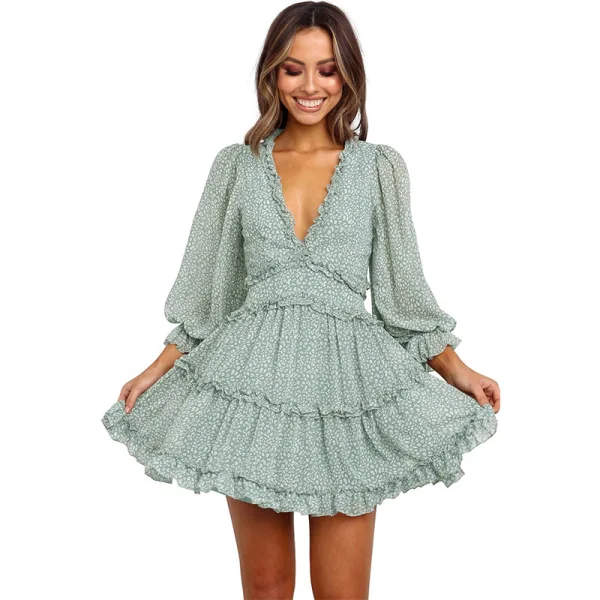 Sexy Sommer Resort-Kleidung Weiß Blumen Damen Kleider 2021 Chiffon V-Ausschnitt Lange Ärmel Rückenfreies Lose