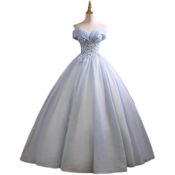 Élégant Bleu Ciel Robe De Bal 2021 Robe Boule De l'épaule Paillettes En Dentelle Fleur Appliques Sans Manches Dos Nu Longue Robe De Ceremonie