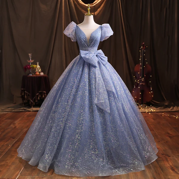 Scintillantes Bleu Ciel Glitter Robe De Bal 2021 Robe Boule Encolure Dégagée Gonflée Manches Courtes Noeud Dos Nu Longue Robe De Ceremonie