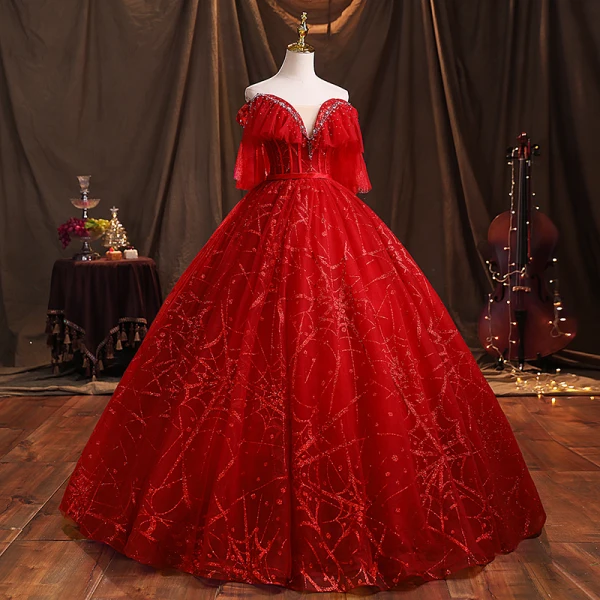Charmant Bordeaux Paillettes Robe De Bal 2021 Robe Boule Bustier Manches Courtes Dos Nu Perlage Ceinture Longue Promo Robe De Ceremonie