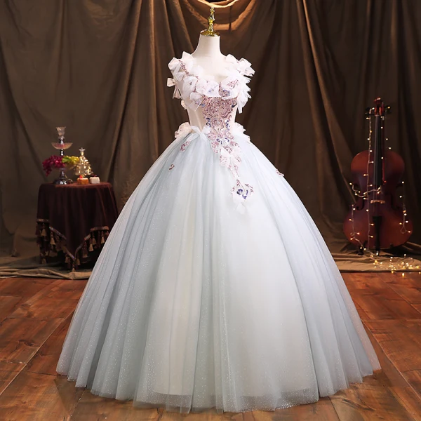 Mode Bleu Ciel Robe De Bal 2021 Robe Boule V-Cou Perlage Perle Faux Diamant Noeud Sans Manches Dos Nu Longue Robe De Ceremonie