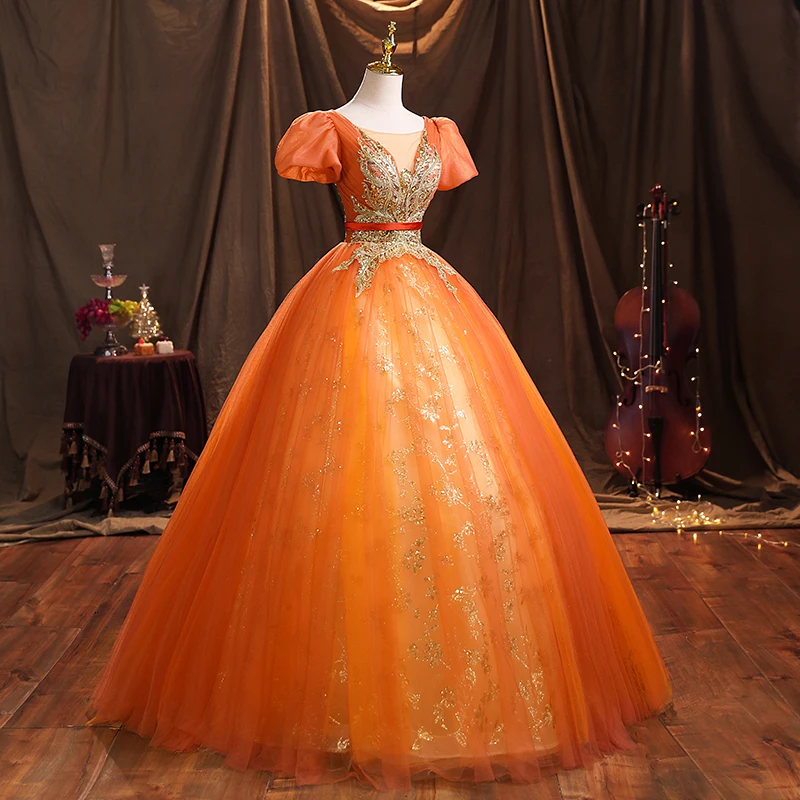 Elegant Orange Beading Pearl Sequins Prom Dresses 2021 Ball Gown Square Neckline Puffy