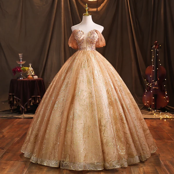 Charming Champagne Beading Pearl Sequins Prom Dresses 2021 Ball Gown Strapless Sleeveless Backless Floor-Length / Long Formal Dresses