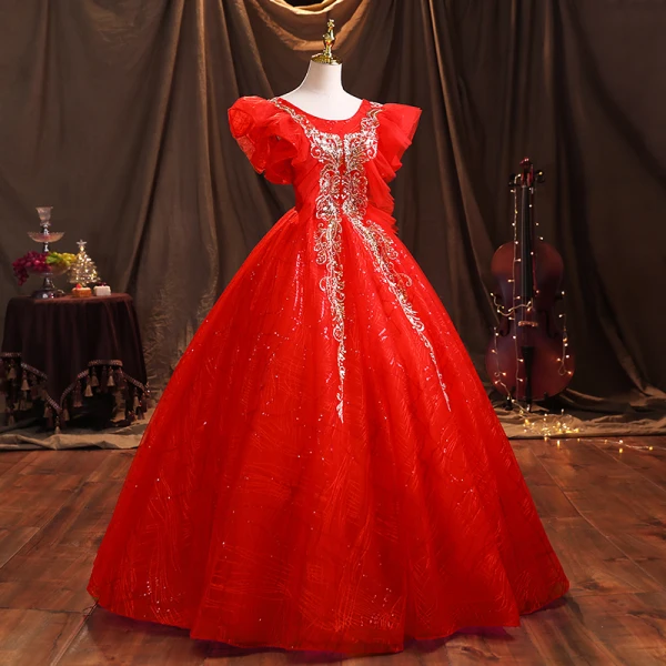 Elegant Red Prom Dresses Floor-Length / Long 2021 Ball Gown Scoop Neck Beading Sequins Puffy Short Sleeve Backless Prom Formal Dresses