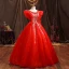 Elegant Red Prom Dresses Floor-Length / Long 2021 Ball Gown Scoop Neck Beading Sequins Puffy Short Sleeve Backless Prom Formal Dresses