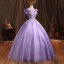 Elegant Lavender Prom Dresses 2021 Ball Gown Ruffle Off-The-Shoulder Beading Rhinestone Lace Flower Short Sleeve Backless Floor-Length / Long Formal Dresses