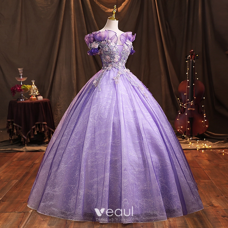 Elegant Lavender Prom Dresses 2021 Ball Gown Ruffle Off-The-Shoulder  Beading Rhinestone Lace Flower Short Sleeve Backless Floor-Length / Long  Formal Dresses