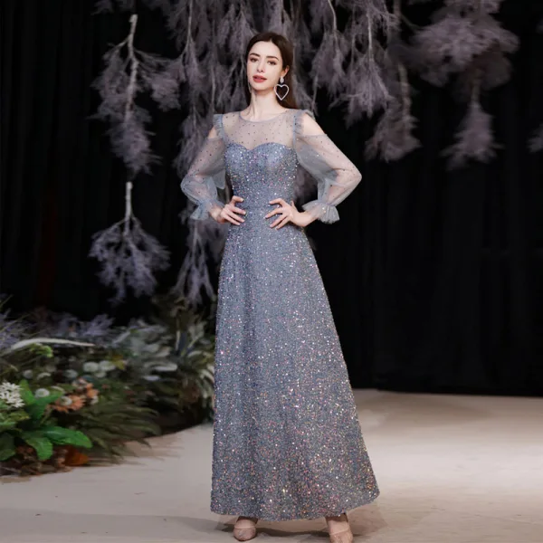 Sparkly Sky Blue Beading Sequins Evening Dresses 2021 A-Line / Princess Scoop Neck 3/4 Sleeve Evening Party Floor-Length / Long Formal Dresses