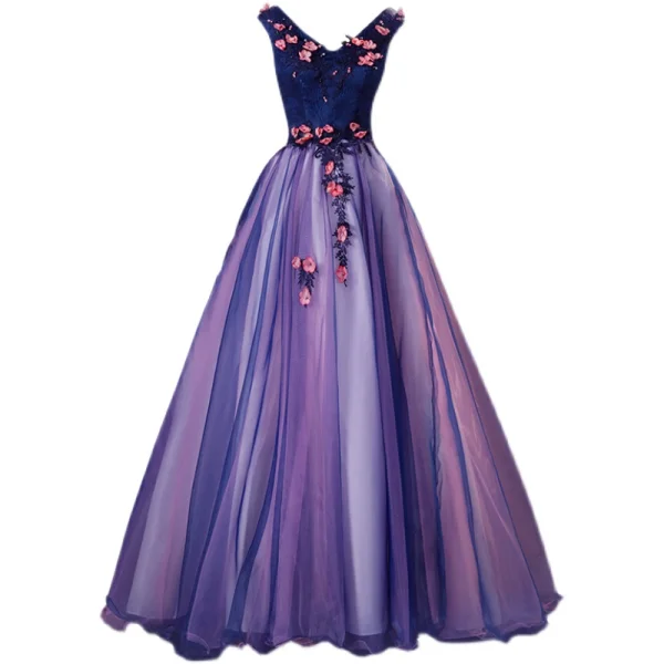 Fée Des Fleurs Bleu Marine Robe De Bal 2021 Princesse V-Cou Appliques En Dentelle Fleur Sans Manches Dos Nu Longue Robe De Ceremonie