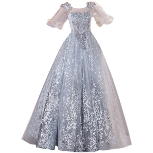 Charmant Gris Robe De Bal 2021 Princesse Encolure Dégagée Perlage Perle En Dentelle Fleur Gonflée Manches Courtes Dos Nu Longue Robe De Ceremonie