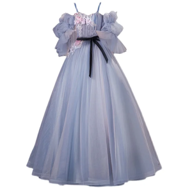 Chic Bleu Ciel Robe De Bal 2021 Princesse Bretelles Spaghetti Perle En Dentelle Fleur Appliques Volants Manches Courtes Ceinture Noeud Longue Dos Nu Robe De Ceremonie