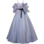 Chic Bleu Ciel Robe De Bal 2021 Princesse Bretelles Spaghetti Perle En Dentelle Fleur Appliques Volants Manches Courtes Ceinture Noeud Longue Dos Nu Robe De Ceremonie