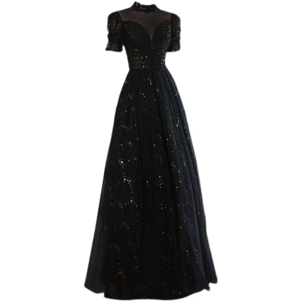 Charmant Noire Perlage Paillettes Robe De Bal 2021 Princesse Col Haut Manches Courtes Dos Nu Longue Robe De Ceremonie