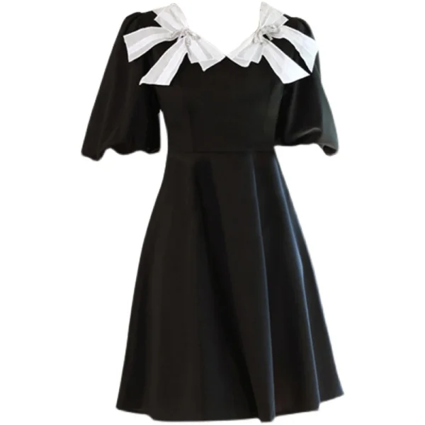 Lovely Black Short Homecoming Graduation Dresses 2021 A-Line / Princess V-Neck Pearl Bow Short Sleeve Formal Dresses
