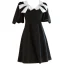 Lovely Black Short Homecoming Graduation Dresses 2021 A-Line / Princess V-Neck Pearl Bow Short Sleeve Formal Dresses