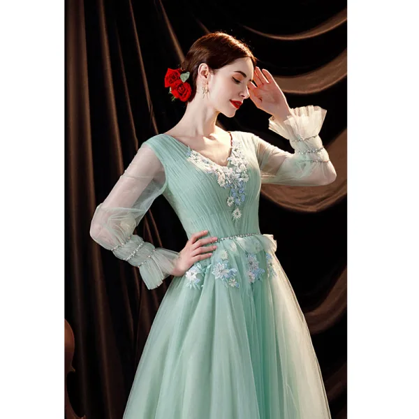 Chic / Beautiful Mint Green Prom Dresses 2021 A-Line / Princess V-Neck Bell sleeves Backless Pearl Sequins Lace Flower Floor-Length / Long Formal Dresses