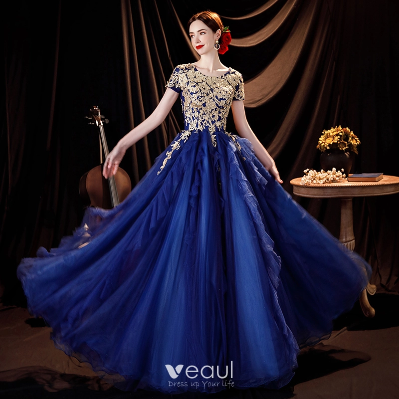 Elegant Royal Blue Prom Dresses 2021 A-Line / Princess Scoop Neck Beading  Lace Flower Short Sleeve Backless Floor-Length / Long Formal Dresses