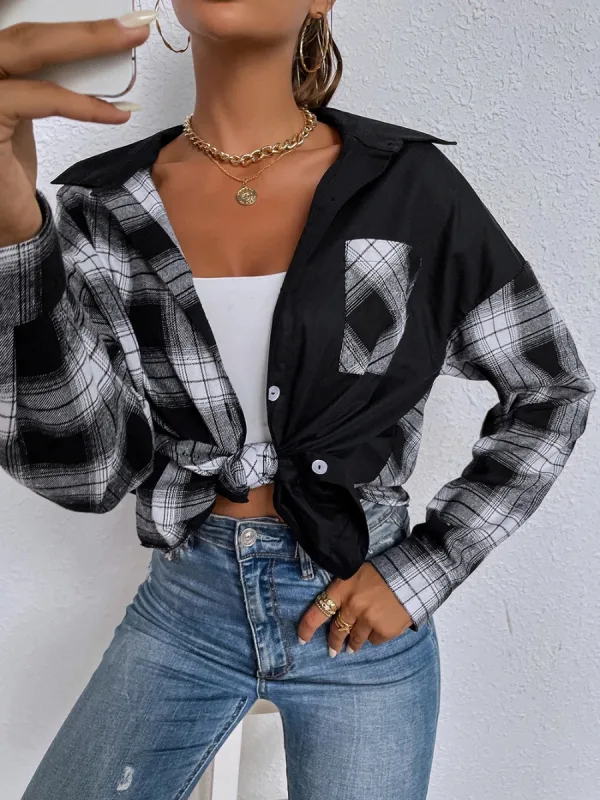Désinvolte Tomber Hiver Noire Blanche Plaid Ample Blouses 2021 Revers Manches Longues Femme Hauts