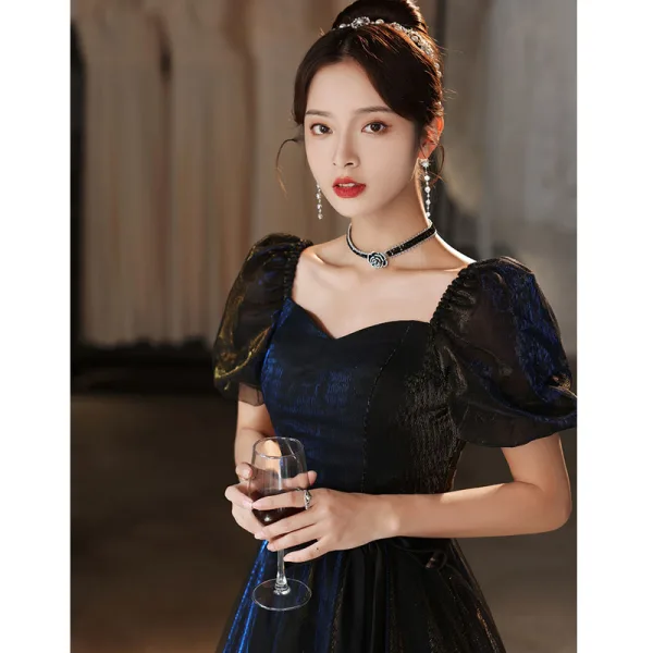 Charming Black Evening Dresses 2021 A-Line / Princess Square Neckline Puffy Short Sleeve Backless Floor-Length / Long Evening Party Formal Dresses