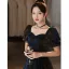 Charming Black Evening Dresses 2021 A-Line / Princess Square Neckline Puffy Short Sleeve Backless Floor-Length / Long Evening Party Formal Dresses