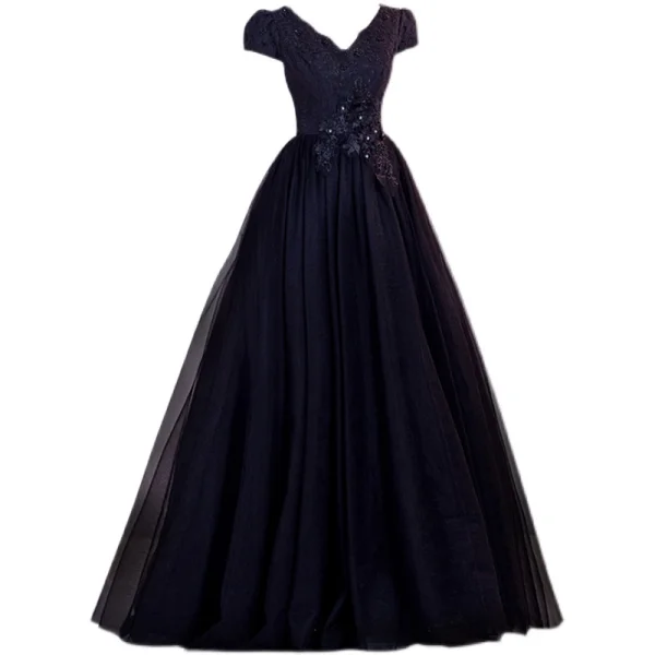 Elegant Black Prom Dresses 2021 A-Line / Princess V-Neck Beading Rhinestone Lace Flower Short Sleeve Backless Floor-Length / Long Formal Dresses