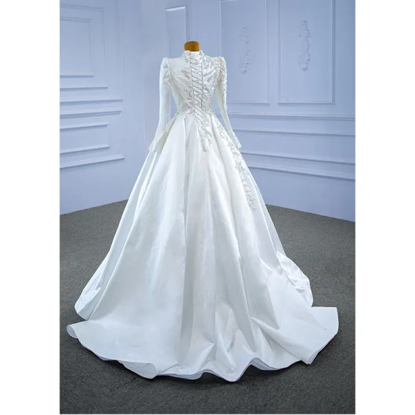 High-end Elegant Ivory Satin Wedding Dresses 2021 A-Line / Princess High Neck Beading Pearl Sequins Long Sleeve Sweep Train Wedding