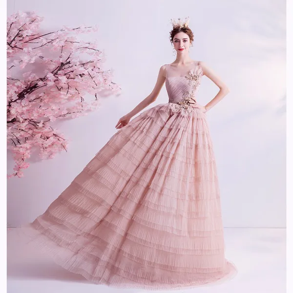 Chic / Belle Rougissant Rose Volants en Cascade Robe De Bal 2021 Princesse Encolure Dégagée Perlage Perle Paillettes En Dentelle Fleur Sans Manches Dos Nu Longue Robe De Ceremonie