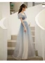Affordable Sky Blue Gradient-Color Glitter Prom Dresses 2021 A-Line / Princess Square Neckline Pearl Puffy Short Sleeve Backless Floor-Length / Long Formal Dresses