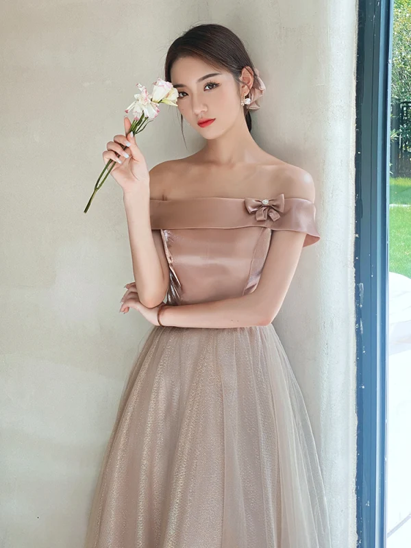 Chic / Beautiful Blushing Pink Bridesmaid Dresses 2021 A-Line / Princess Bow Sash Rhinestone Short Sleeve Backless Floor-Length / Long Wedding Party Dresses