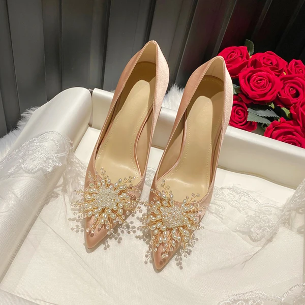 Schöne Weiß Perle Ball Pumps 2021 Leder 10 cm Stilettos Spitzschuh Hochhackige Pumps