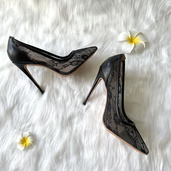Sexy Black Cocktail Party Evening Party Lace Pumps 2021 Leather 12 cm Stiletto Heels Pointed Toe Pumps High Heels