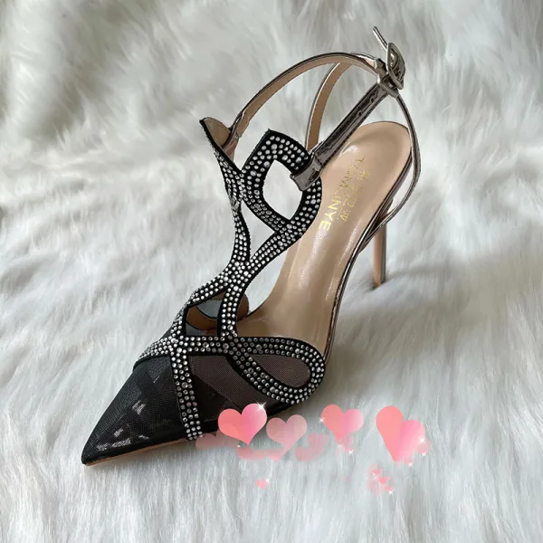 Sexy Noire Soirée Faux Diamant Sandales Femme 2021 Cuir T-Strap 10 cm Talons Aiguilles À Bout Pointu Sandales Talons Hauts