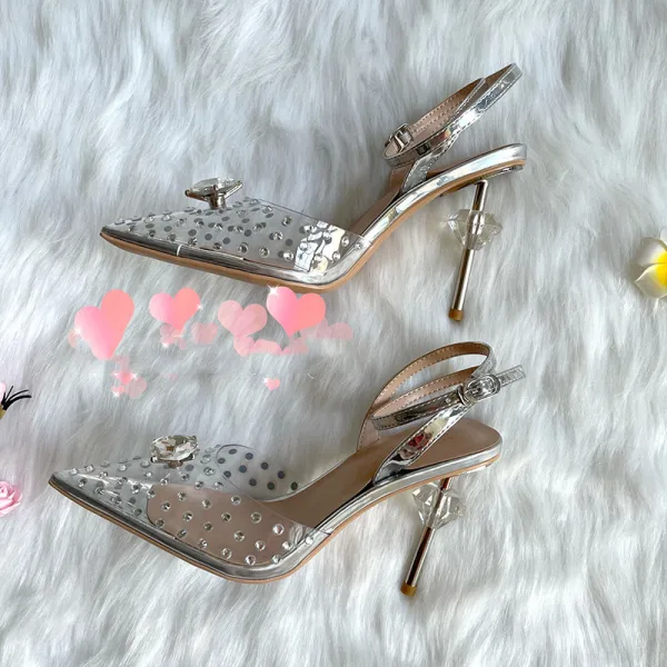 Transparent Sexy Argenté Faux Diamant Soirée Sandales Femme 2021 9 cm Bride Cheville Talons Aiguilles À Bout Pointu Sandales Talons Hauts