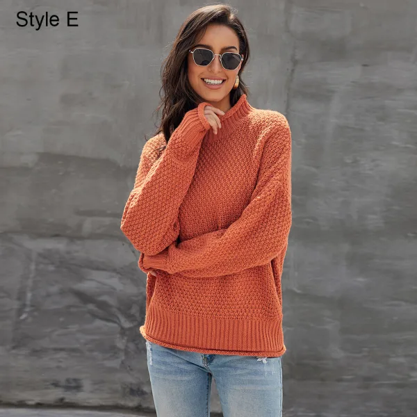 Comfortable Fall Winter Orange Casual Knitting Sweaters 2021 Cotton Loose High Neck Long Sleeve Women Tops