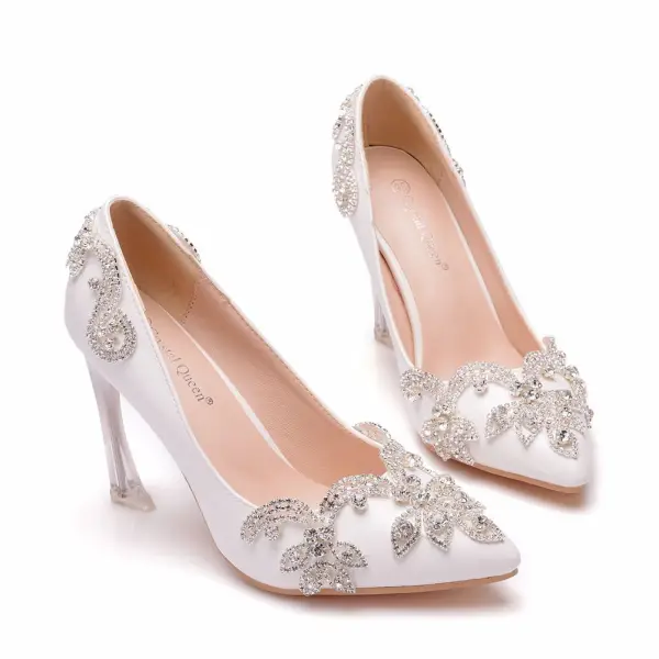 Charming White Rhinestone Wedding Shoes 2021 9 cm Stiletto Heels Pointed Toe Wedding Pumps High Heels