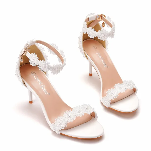 Charming White Pearl Lace Flower Wedding Shoes 2021 7 cm Stiletto Heels Open / Peep Toe Wedding Sandals High Heels