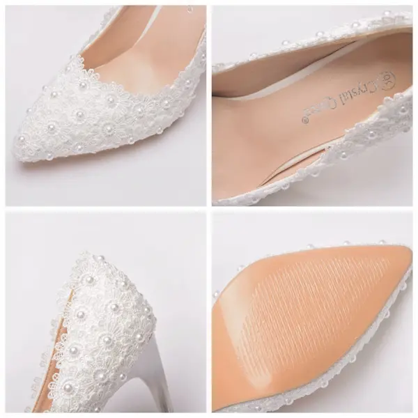 Elegant White Pearl Lace Flower Wedding Shoes 2021 9 cm Stiletto Heels Pointed Toe Wedding Pumps High Heels