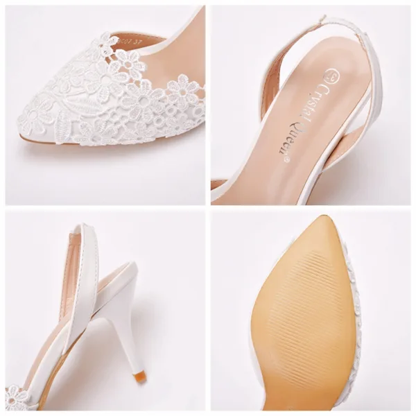 Chic / Belle Blanche En Dentelle Fleur Chaussure De Mariée 2021 7 cm Talons Aiguilles À Bout Pointu Mariage Talons Hauts